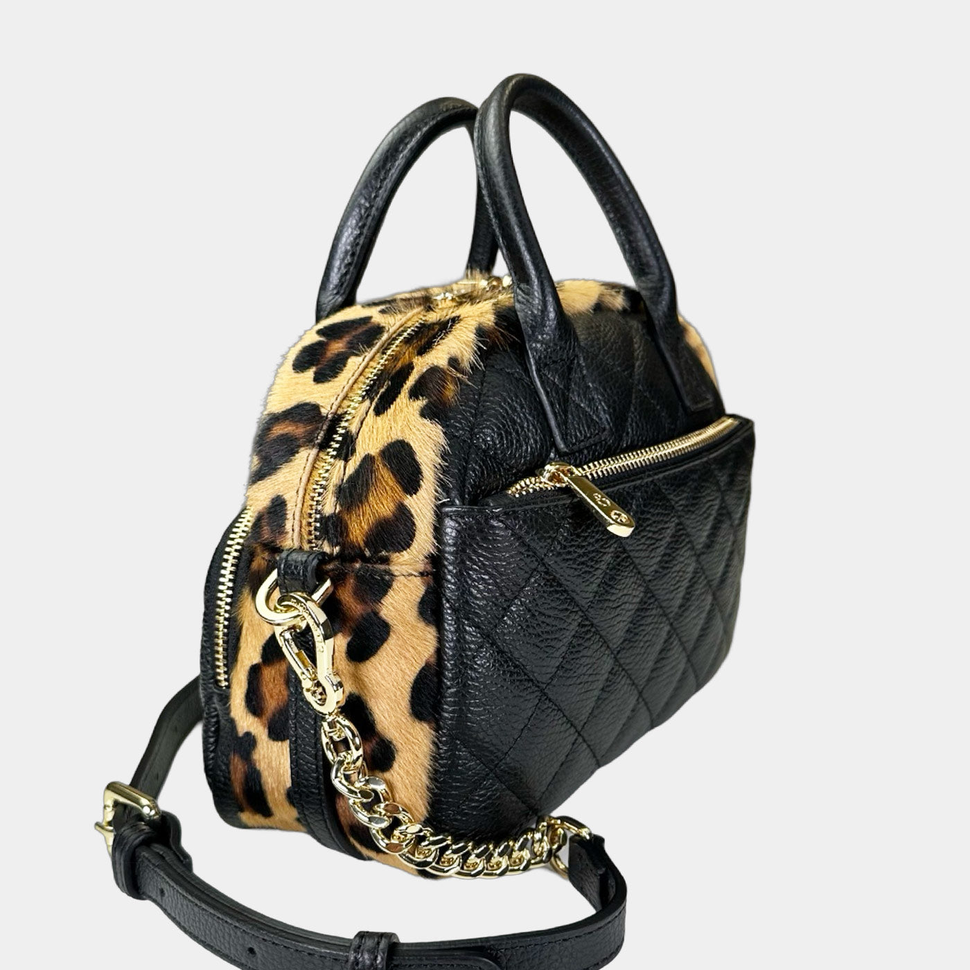 Borsa a tracolla Benny Nera Cavallino Leopardato Pelle Martellata Oro