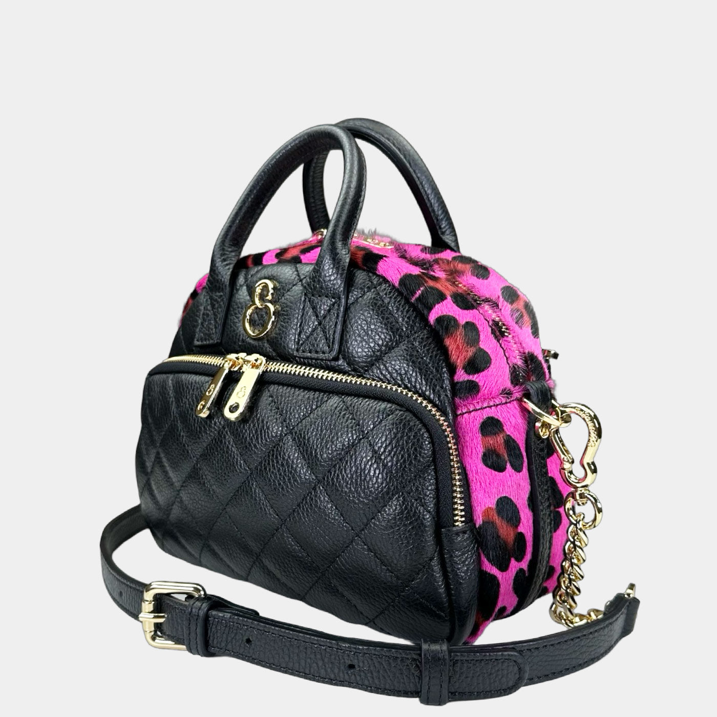 Benny Shoulder Bag Black Cavallino Fuchsia Hammered Leather Gold